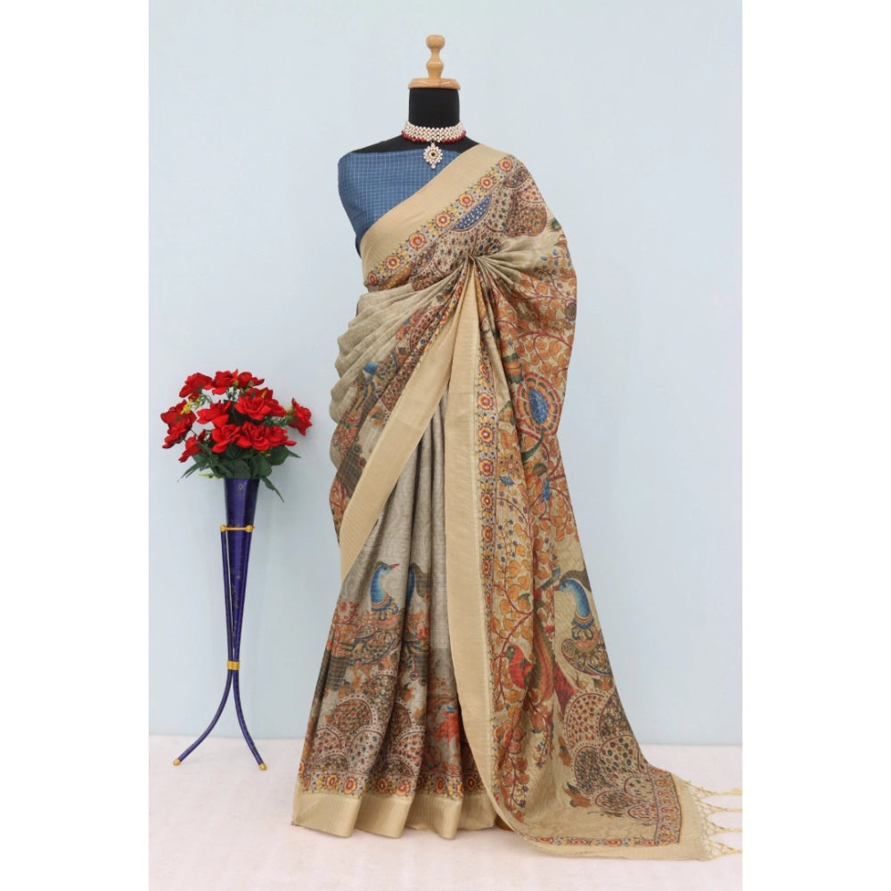 Generic Women's Mysore Silk Digital Print Saree With Unstitched Blouse 5.5Mtr (Beige)