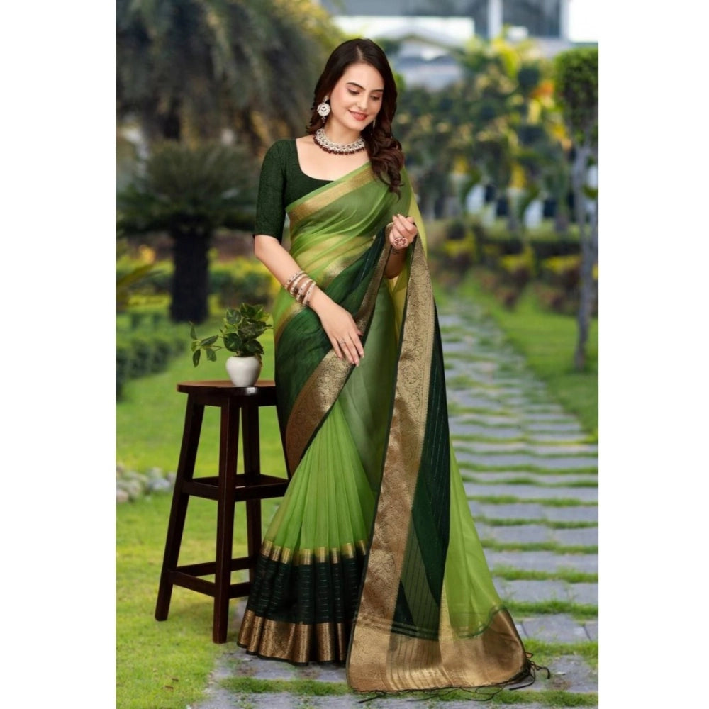 Generic Women's Khadi Cotton Solid Saree With Unstitched Blouse 5.5Mtr (Green)