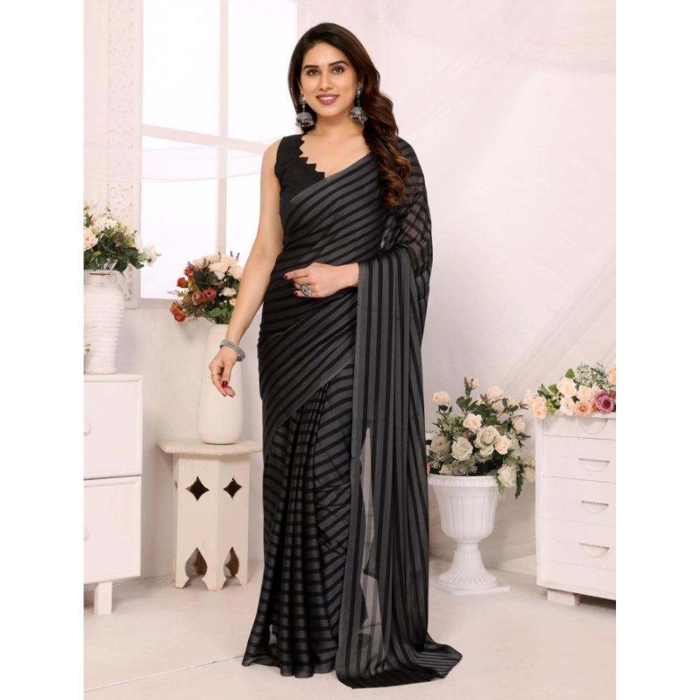 Generic Women's Black Berry Striped Ready-to-Wear Saree With Unstitched Blouse 5.5 Mtr (Grey-Black)