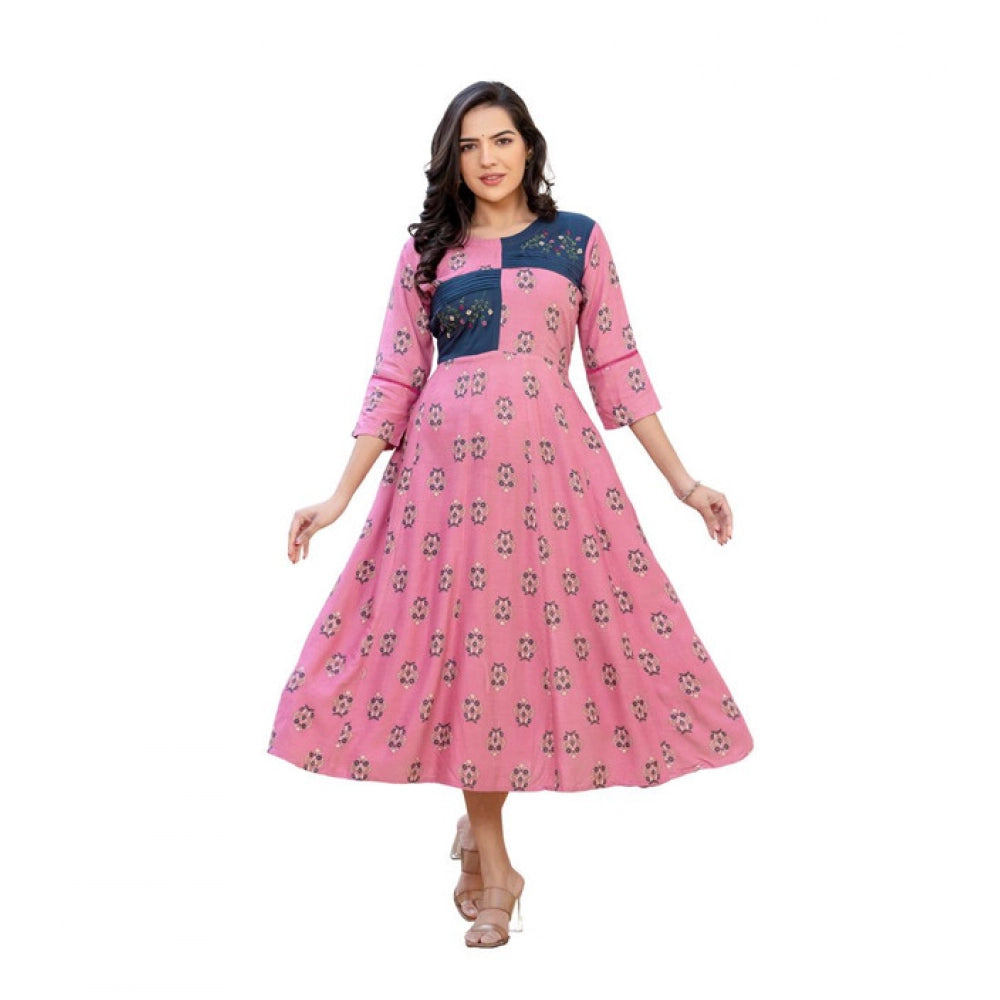 Generic Women's Rayon Print With Embroidery Work A-Line Kurti (Wine)