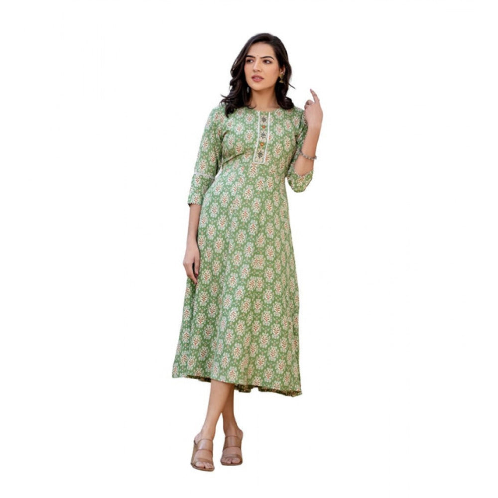 Generic Women's Rayon Print With Embroidery Work A-Line Kurti (Green)