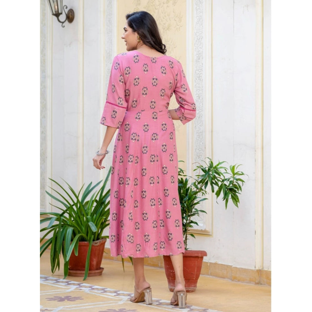Generic Women's Rayon Print With Embroidery Work A-Line Kurti (Wine)