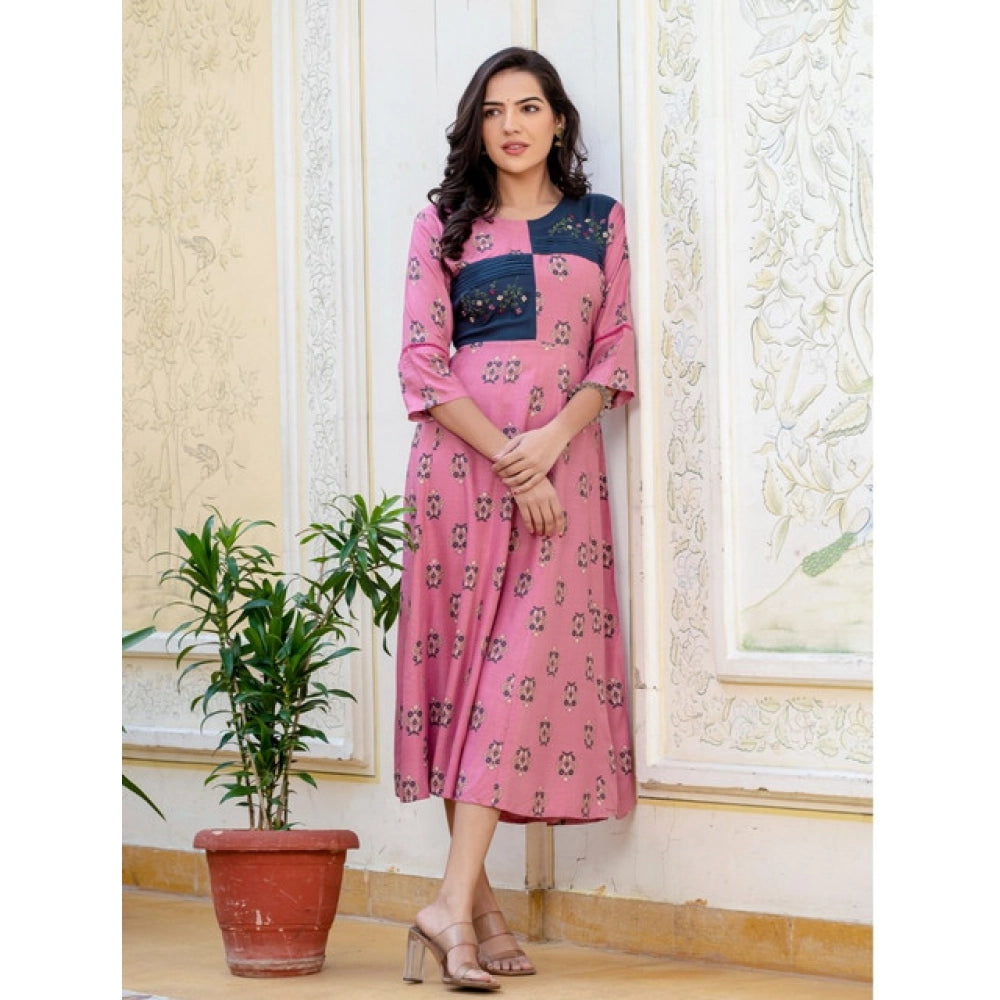Generic Women's Rayon Print With Embroidery Work A-Line Kurti (Wine)