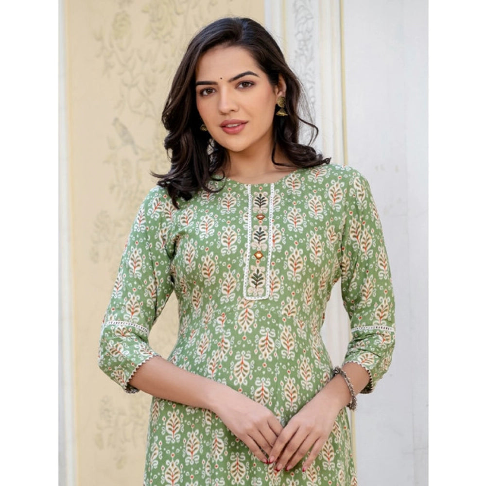 Generic Women's Rayon Print With Embroidery Work A-Line Kurti (Green)