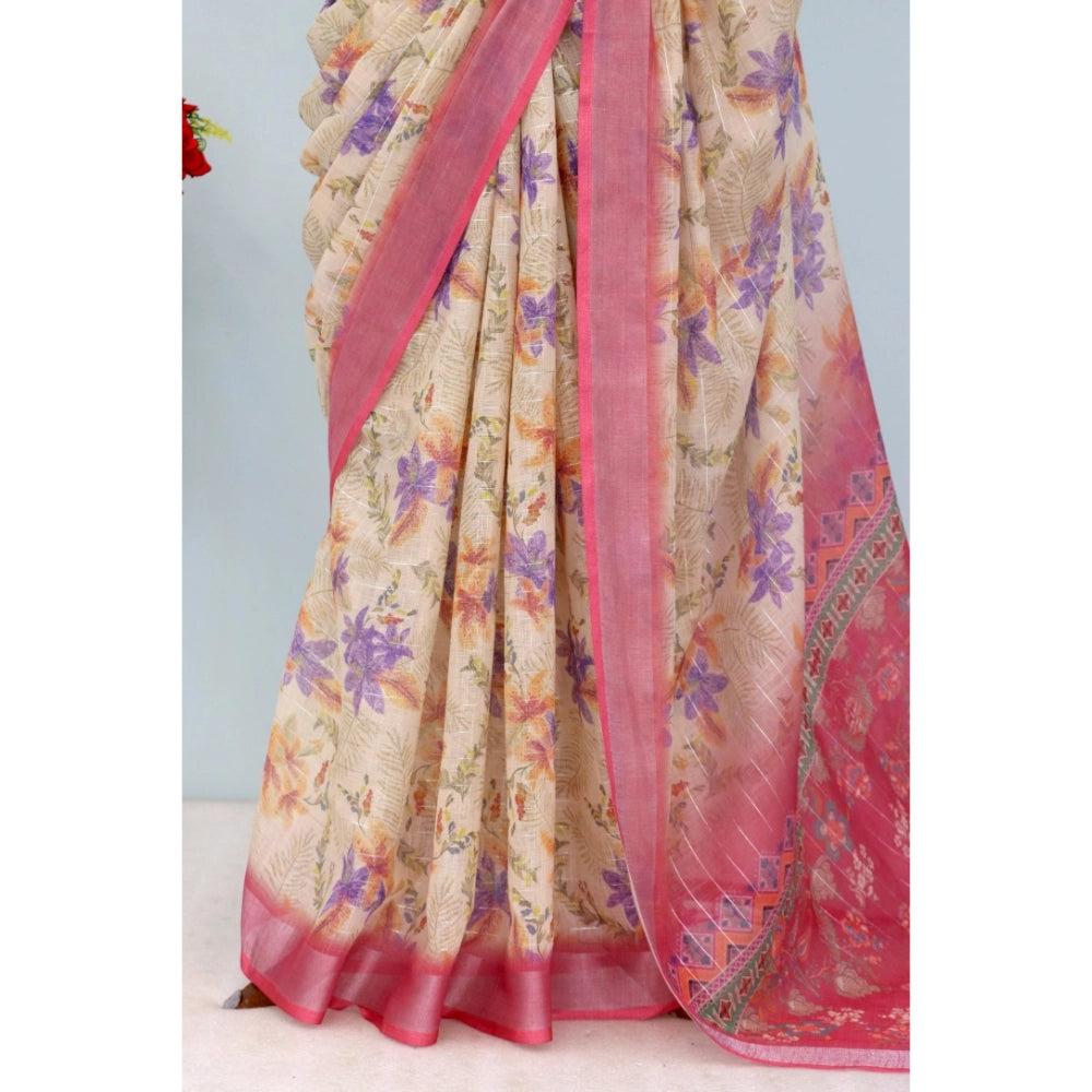 Generic Women's Linen Digital Print Saree With Unstitched Blouse 5.5Mtr (Pink)