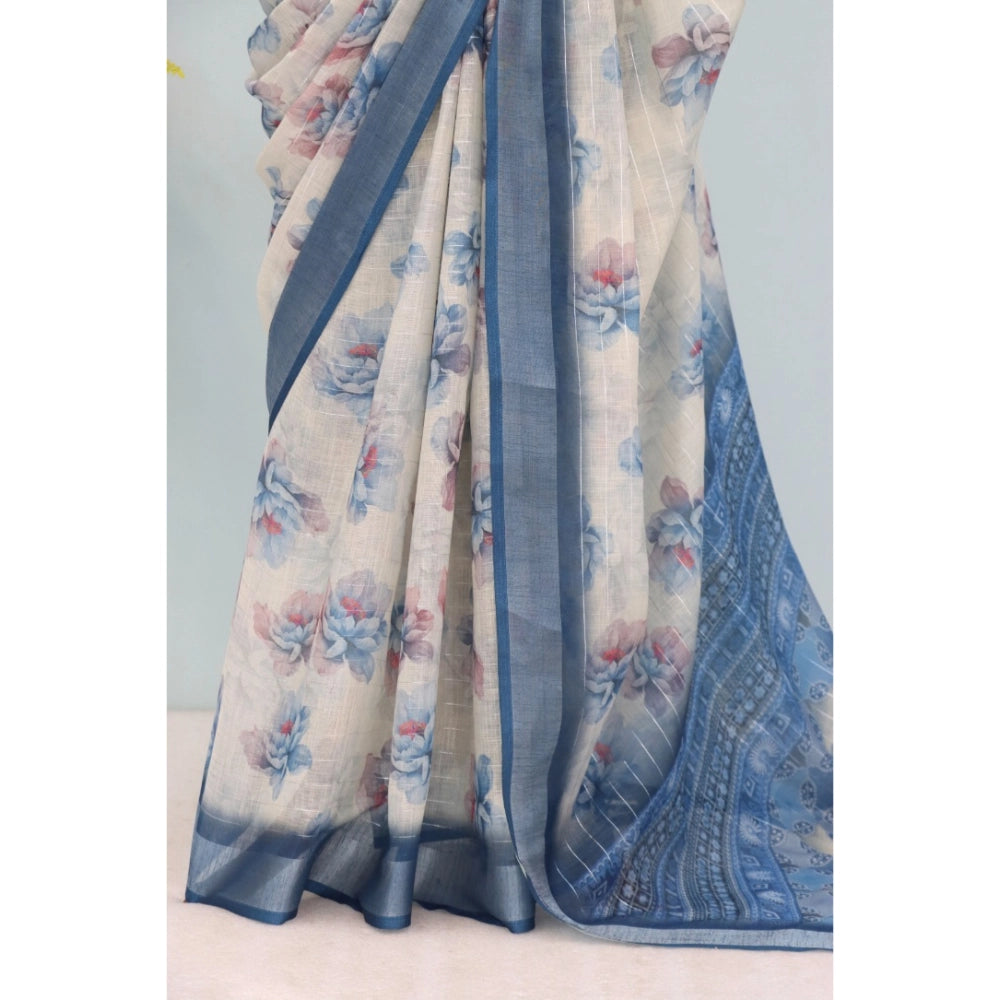 Generic Women's Linen Digital Print Saree With Unstitched Blouse 5.5Mtr (Blue)
