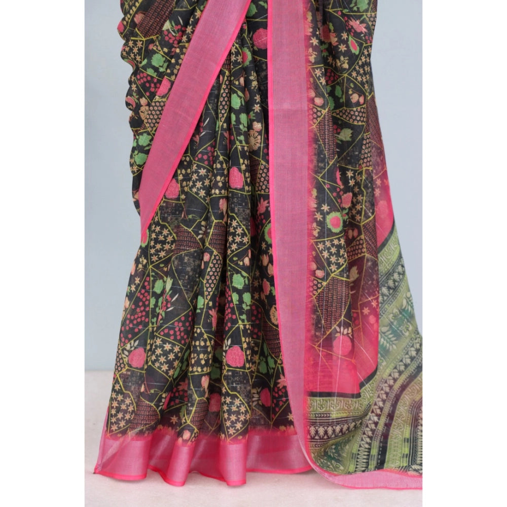 Generic Women's Linen Digital Print Saree With Unstitched Blouse 5.5Mtr (Multicolor)