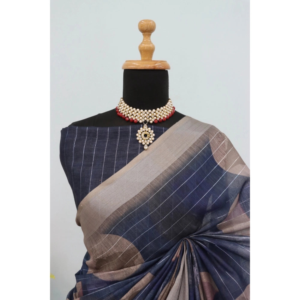 Generic Women's Linen Digital Print Saree With Unstitched Blouse 5.5Mtr (Blue)