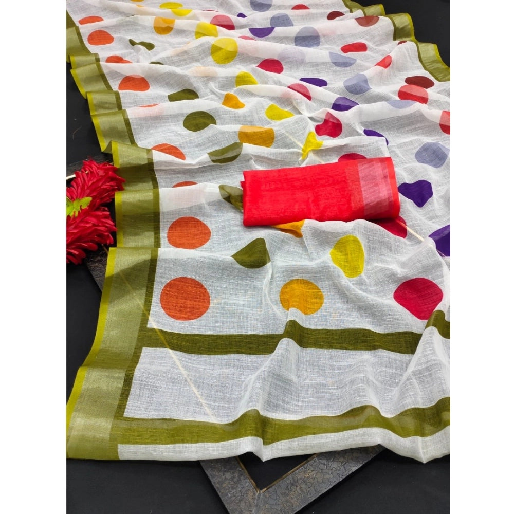 Generic Women's Cotton Linen Printed Saree With Unstitched Blouse 5.5Mtr (Multicolor)