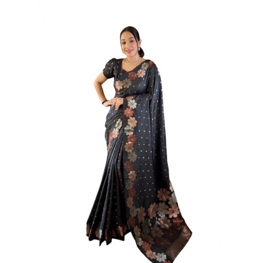 Generic Women's Soft Litchi Silk Jacquard Work Saree With Unstitched Blouse 5.5Mtr (Navy Blue)