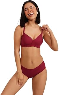 Women's Padded Non-Wired Full Coverage Self Striped Multiway T-Shirt Bra and Mid Waist Hipster Panty in Maroon