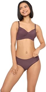 Women's Polyamide Solid Padded Full Cup Wire Free T-Shirt Bra & Mid Waist Hipster Panty - Purple