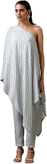 Women's Grey Bandhani Printed Silk One-Shoulder Kurta Pant Set