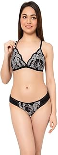 Women's Lace Non-Padded Non-Wired Demi Cup Plunge Bra & Low Waist Bikini Panty (BP1477P13_Black_38B)