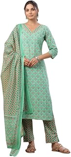 Women's Green Cotton Ethinc Motifs Regular Kurta Set