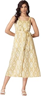 Women's Crepe Yellow Ikat Strappy A-Line Dress Midi Dresses