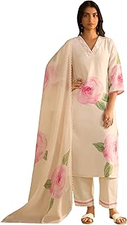 Women's Straight Linen Floral Print with Sequines Work Kurta Pant with Dupatta Set (IEOUT9825)