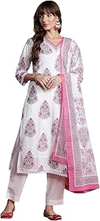 Women's Straight Pure Cotton Floral Printed Kurta and Pant with Dupatta Set (KH0WH10238)