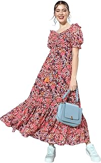 Women's Fit and Flare Ankle Length V-Neck Puff Sleeve Floral Ruching Dress with Pockets