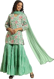Women Cotton Blend Kurta With Sharara & Dupatta