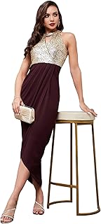 Women's Halter Neck Sleeveless Solid Embellished Midi Dress with Pocket