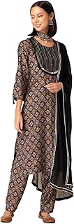 Women Black Ikat Print Cotton Kurta With Pants And Dupatta (Set of 3)