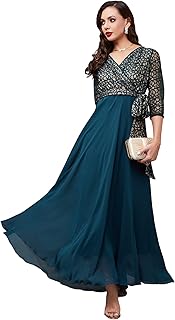 Women's Floral Printed Relaxed Fit V-Neck 3/4th Sleeve Maxi Dress with Pockets (Plus
