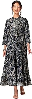 Women's Navy Blue Floral Print Tiered Dress with Belt (Set of 2)