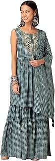 Women Blue Printed Cotton Sharara With Geometric Print Short Kurta And Dupatta (Set of 3)