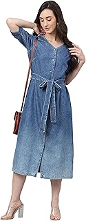 Women's Fit and Flare Midi Denim Tie-Up Dress