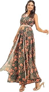 Women Green Georgette Kurta with Palazzo & Dupatta with Floral Print Outfit for Women