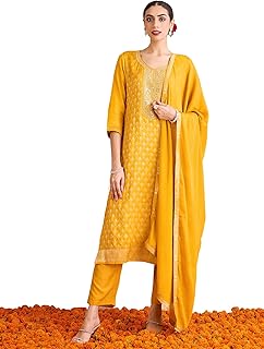 Womens Silk Blend Embroidered Straight Kurta Pant Dupatta Set (IESTR6450)