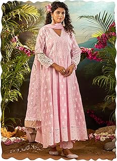 Women's Anarkali Pure Cotton Ethnic Motifs Embroidered Kurta & Pant with Dupatta Set (IEOUT10182)