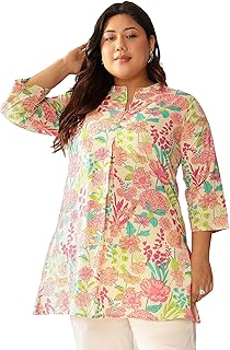 Women's Plus Size Cream Pure Cotton Floral Printed A-line Tunic