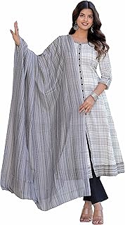Women's Cotton Slub Geomatrical Printed Anarkali Kurta & Duptta Off White
